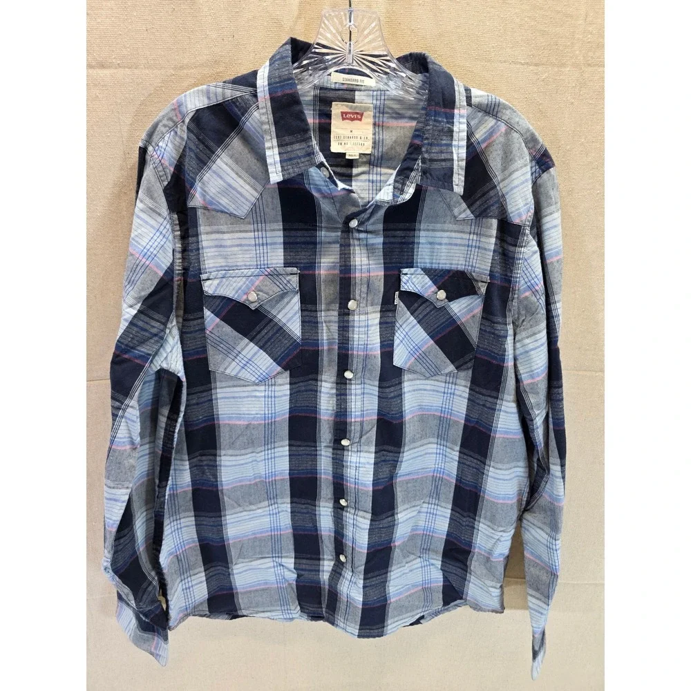 Levis Mens Western Pearl Snap Shirt Blue Plaid Long Sleeve Standard Fit Medium
